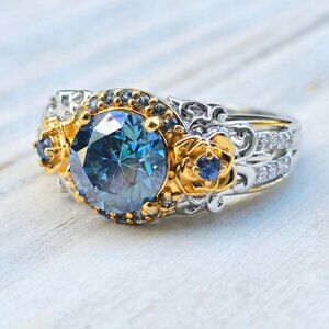 Blue Moissanite & Sapphire ✦ Blushing Dewdrop Ring ✦ 925 Vermeil Blooming Rose